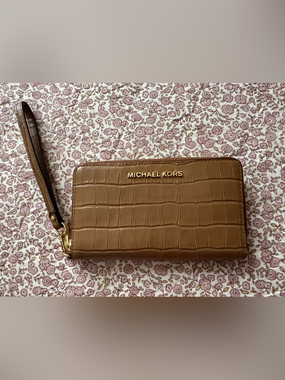 Michael Kors Tan Croc-Embossed Wristlet with Gold Logo